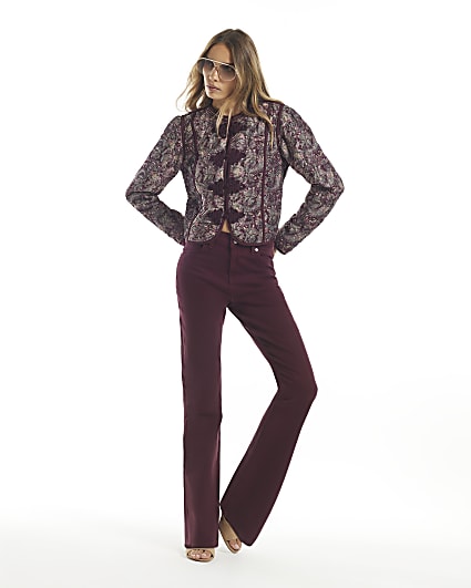Burgundy High Waisted Slim Fit Flared Jeans