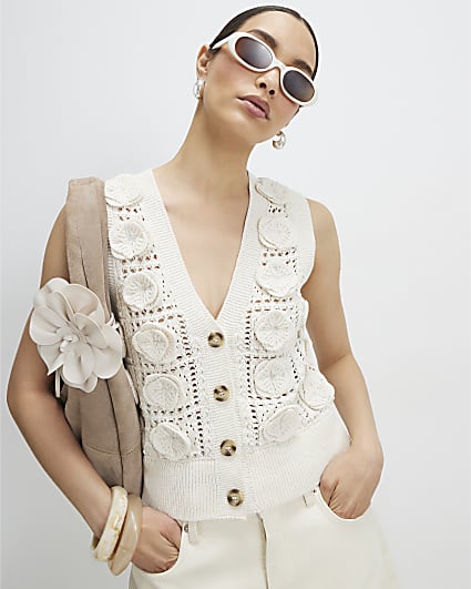 Cream 3D Flower Knitted Waistcoat
