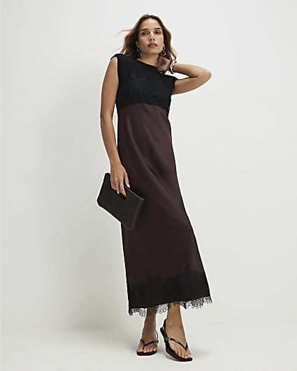 Brown Satin Hybrid Midi Slip Dress