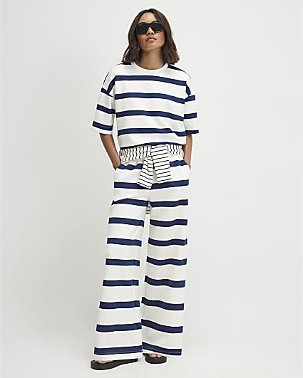 Cream Premium Striped Wide Leg Joggers