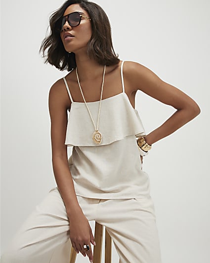 Beige Linen Blend Tiered Cami