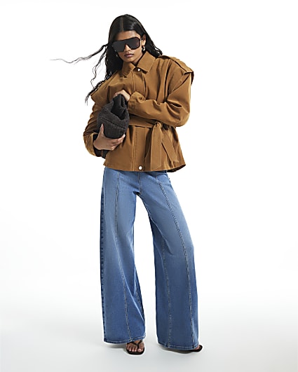 Blue High Waisted Pull On Palazzo Jeans