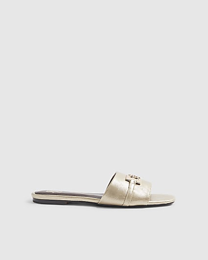 Gold Signature Trim Flat Mule Sandals
