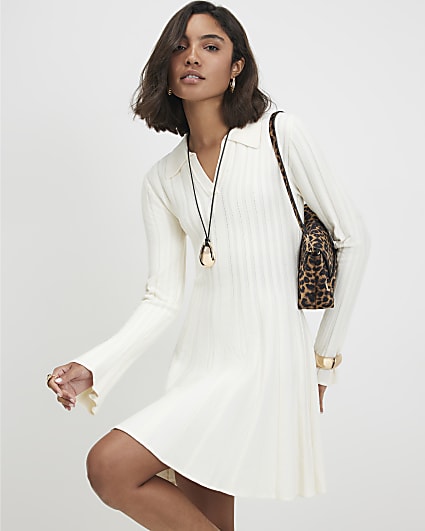 Cream Cotton Knit Flippy Ribbed Dress