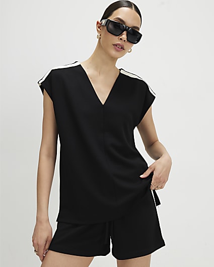 Black Premium Shoulder Stripe V Neck T-Shirt