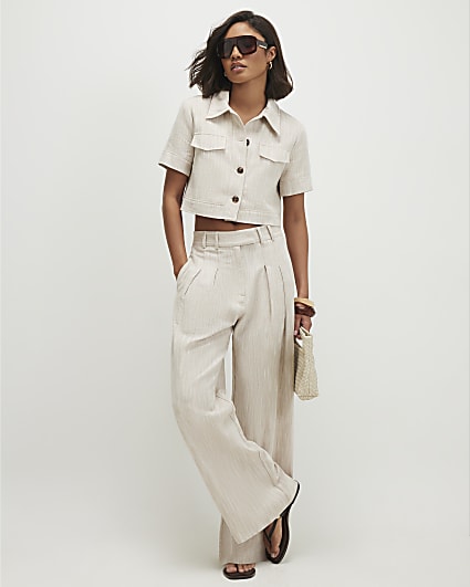 Beige Cotton Wide Leg Trousers