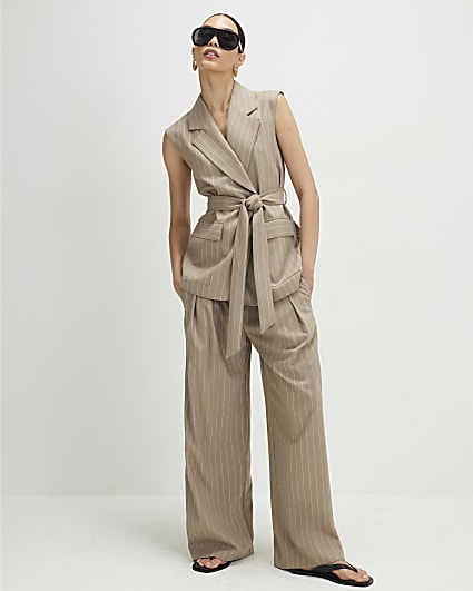 Beige Stripe Wide Leg Trousers
