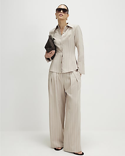 Beige Stripe Wide Leg Trousers