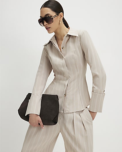 Beige Striped Tie Back Shirt