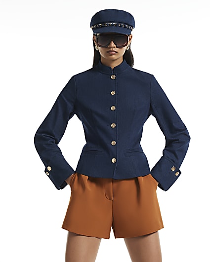 Blue Denim High Neck Military Jacket