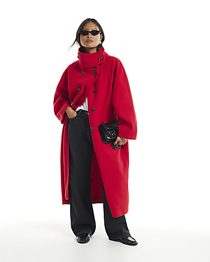 Petite Red Funnel Neck Robe Coat
