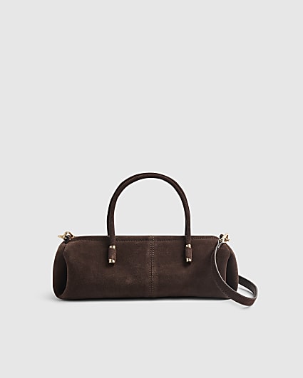 Brown Suede Metal Detail Bowler Bag