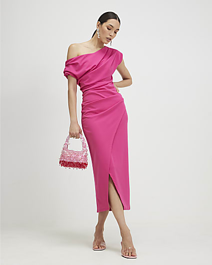 Pink Asymmetric Drape Wrap Midi Dress