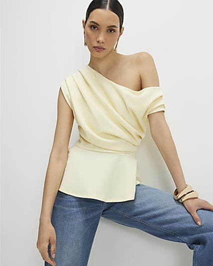 Yellow One Shoulder Drape Peplum Top