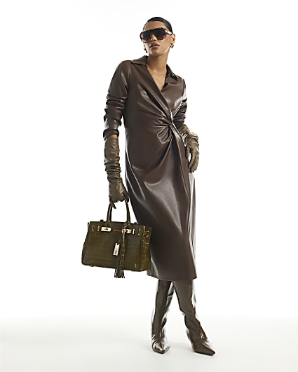 Brown Faux Leather Twist Front Midi Dress
