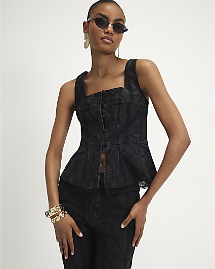 Black Embroidered Denim Lace Peplum Top