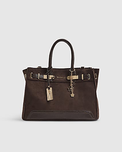 Brown Faux Suede Soft Lock Front Tote Bag