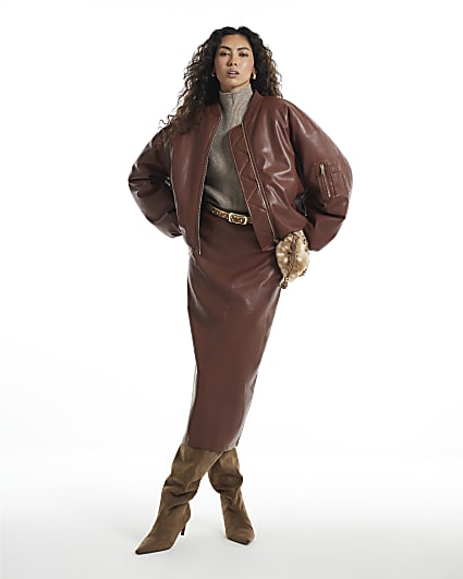 Brown Faux Leather Pencil Midi Skirt
