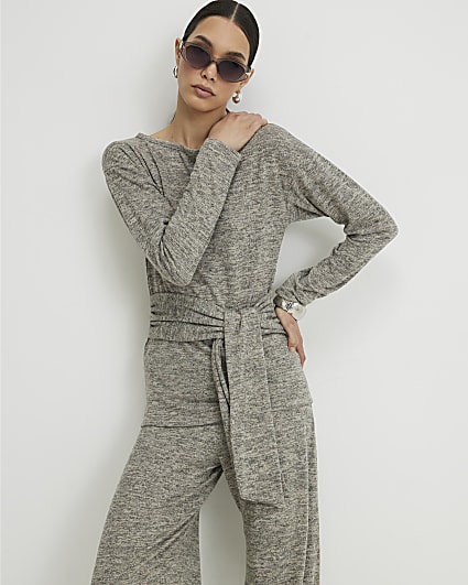 Grey Long Sleeve Tie Top