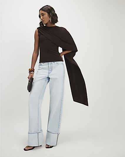 Brown Asymmetric Drape Cape Top