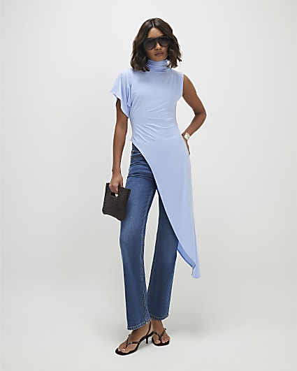 Blue Asymmetric High Neck Top