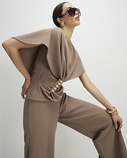 Beige Ruched Front Spiral Trim Top