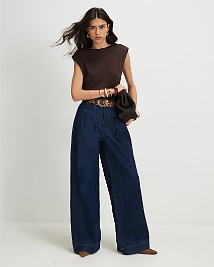 Blue High Waisted Pleat Belted Wide Leg Jeans