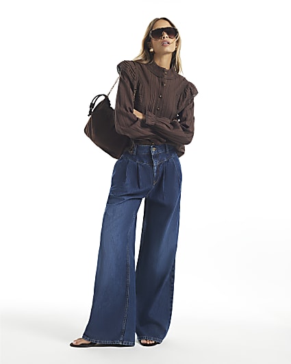 Blue Corset Waist High Waist Wide Leg Jeans