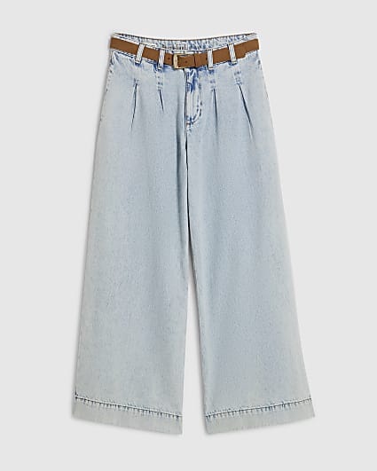 Petite Blue High Waisted Belt Wide Leg Jeans