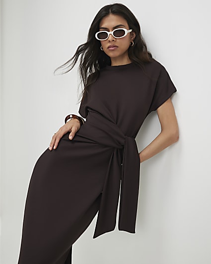 Brown Tie Side Midi Dress