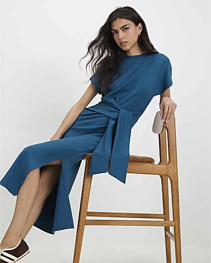 Blue Premium Short Sleeve Tie Side Midi Dress