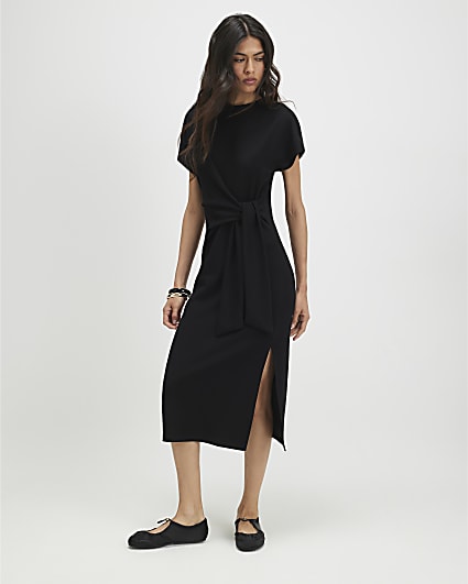 Black Premium Tie Side Midi Dress