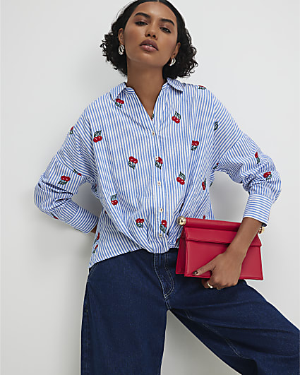 Blue Cotton Stripe Cherry Knot Front Shirt