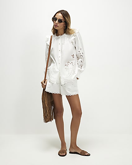White Cotton Cutwork Frilly Blouse