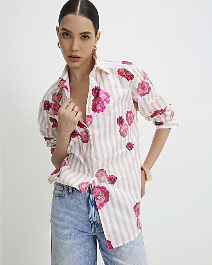 Beige Cotton Floral Striped Long Sleeve Shirt