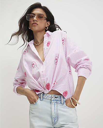 Pink Cotton Stripe Smiley Embroidered Shirt