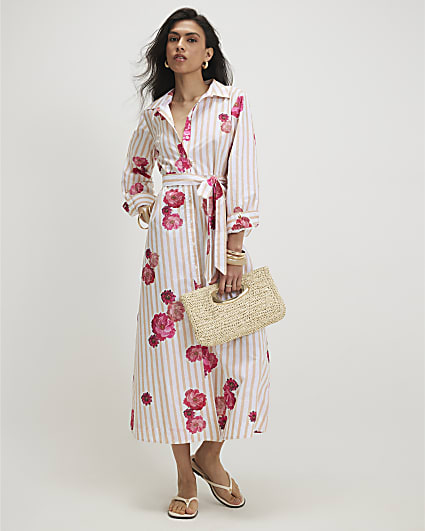 Beige Cotton Floral Stripe Shirt Dress