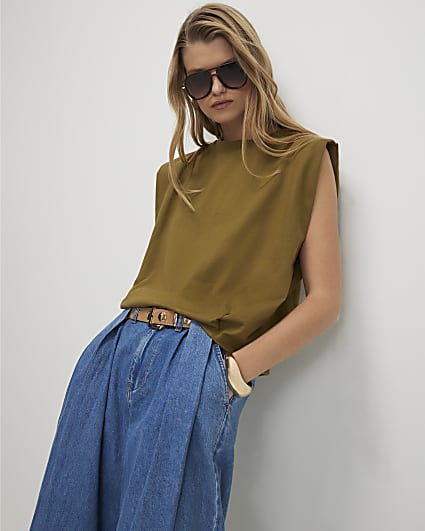 Khaki Cotton Pleat Detail T-Shirt