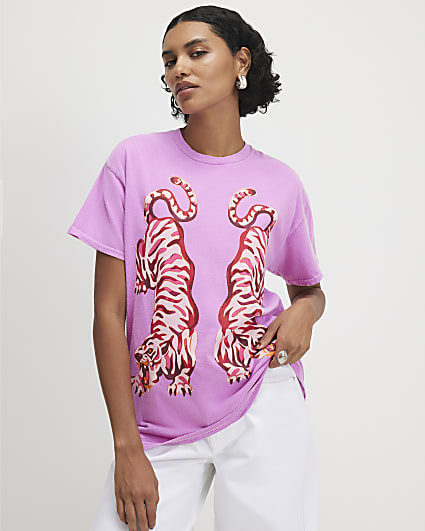Pink Cotton Tiger Print T-Shirt
