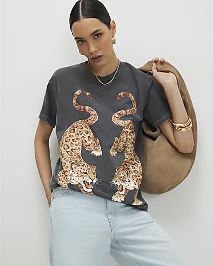 Grey Cotton Tiger Print T-Shirt