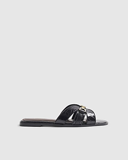 Black Croc Print Flat Sandals