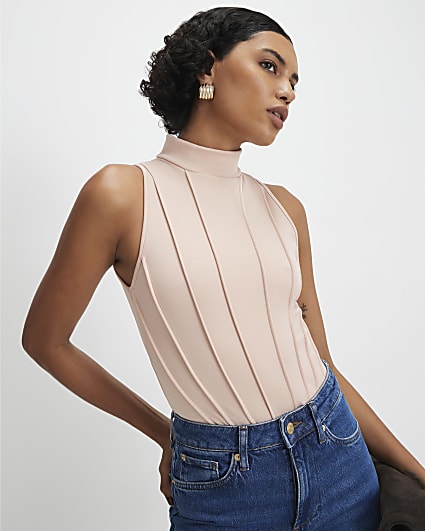 Beige High Neck Seam Trim Bodysuit