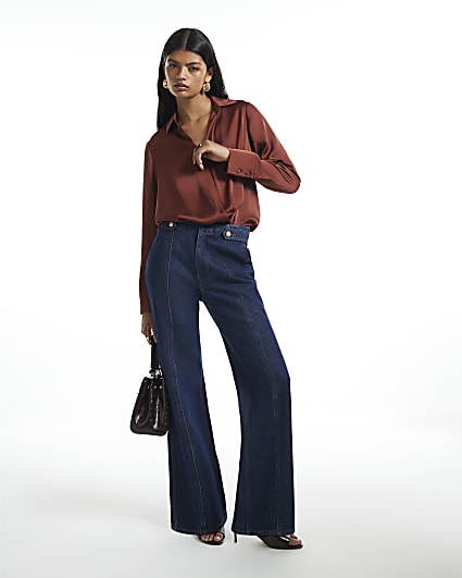 Rust Satin Wrap Front Blouse