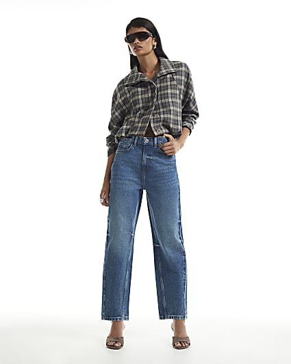 Blue Mid Rise Washed Mom Jeans
