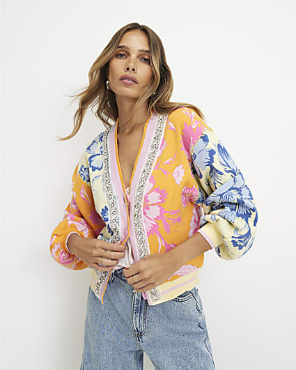 Orange Floral Embellished Knit Cardigan