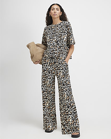 Brown Premium Animal Print Wide Leg Joggers