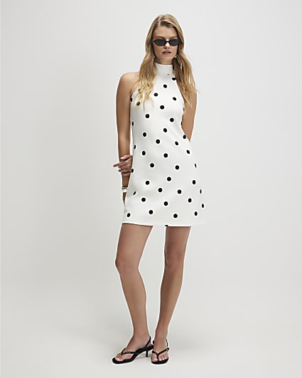 Cream Premium Polka Dot Halter Mini Dress