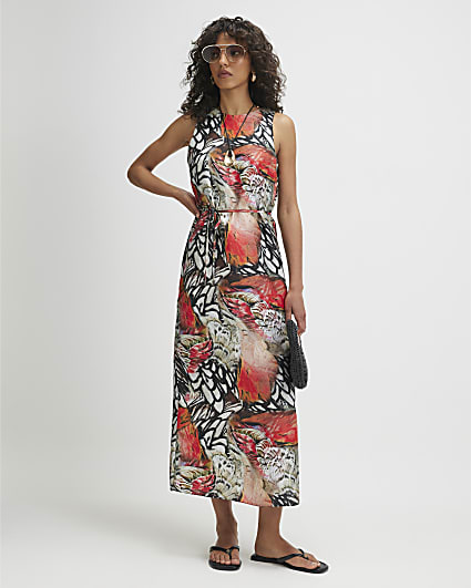 Cream Printed Slip Midi Dress