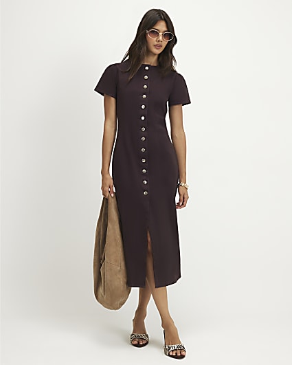 Brown Button Up Cap Sleeve Denim Midi Dress
