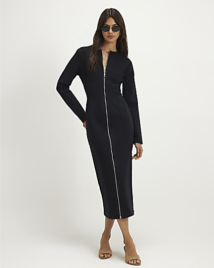 Black Zip Through Denim Midi Dress